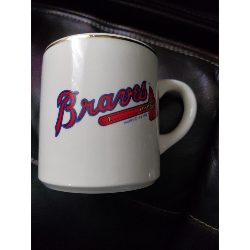 Vtg Atlanta Braves Coffee Mug Hunter 1991 MLB Team Logo White Gold Rim Tomahawk